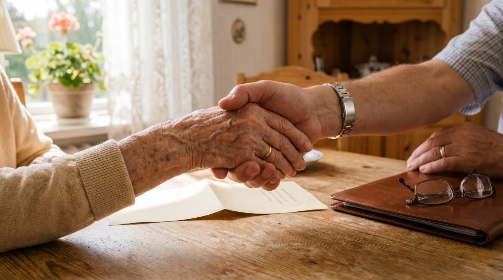Vertrauen und Nähe - Betreuerin im Gespräch mit Seniorin zu Hause